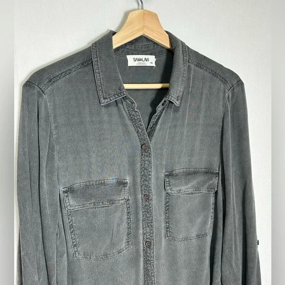 Sam‎ & Lavi Womens XS Charcoal Gray Rayon Button Down Shirt Roll Tab Sleeve - Picture 2 of 4